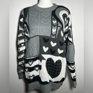 Heart Patchwork Crewneck Sweater - Gray/Black/White Retro